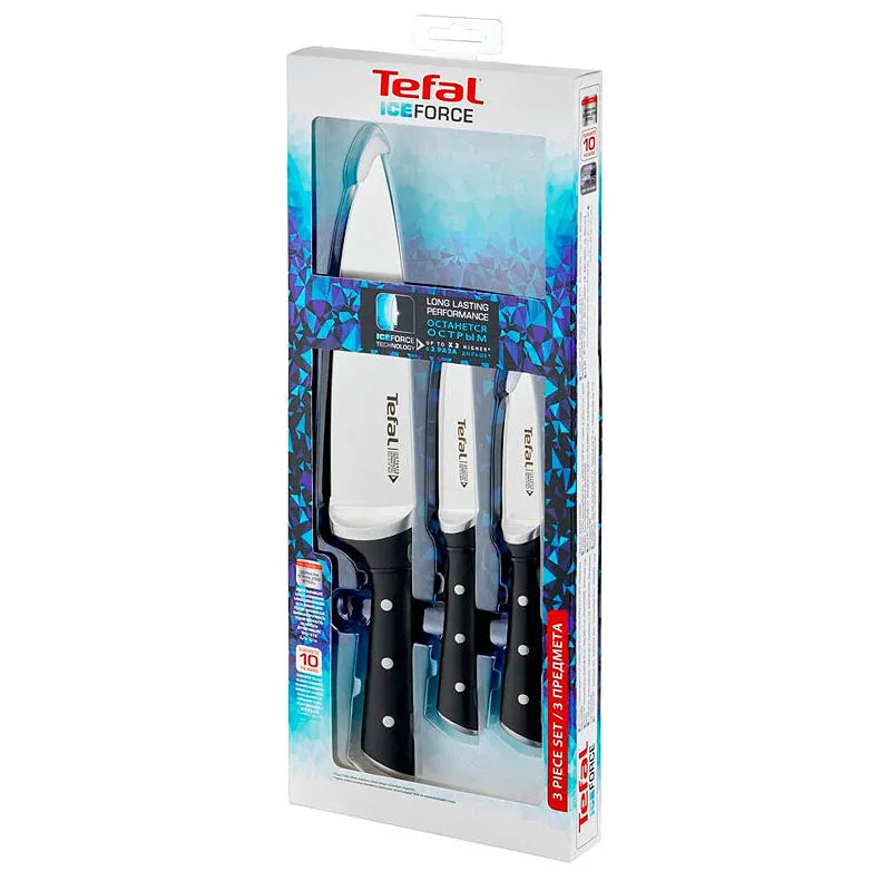 Tefal Ice Force Set of 3 Knives, Peeler 9 cm, Chef 20 cm, Universal 11 cm, Slices, Cuts and Dices, Stainless Steel